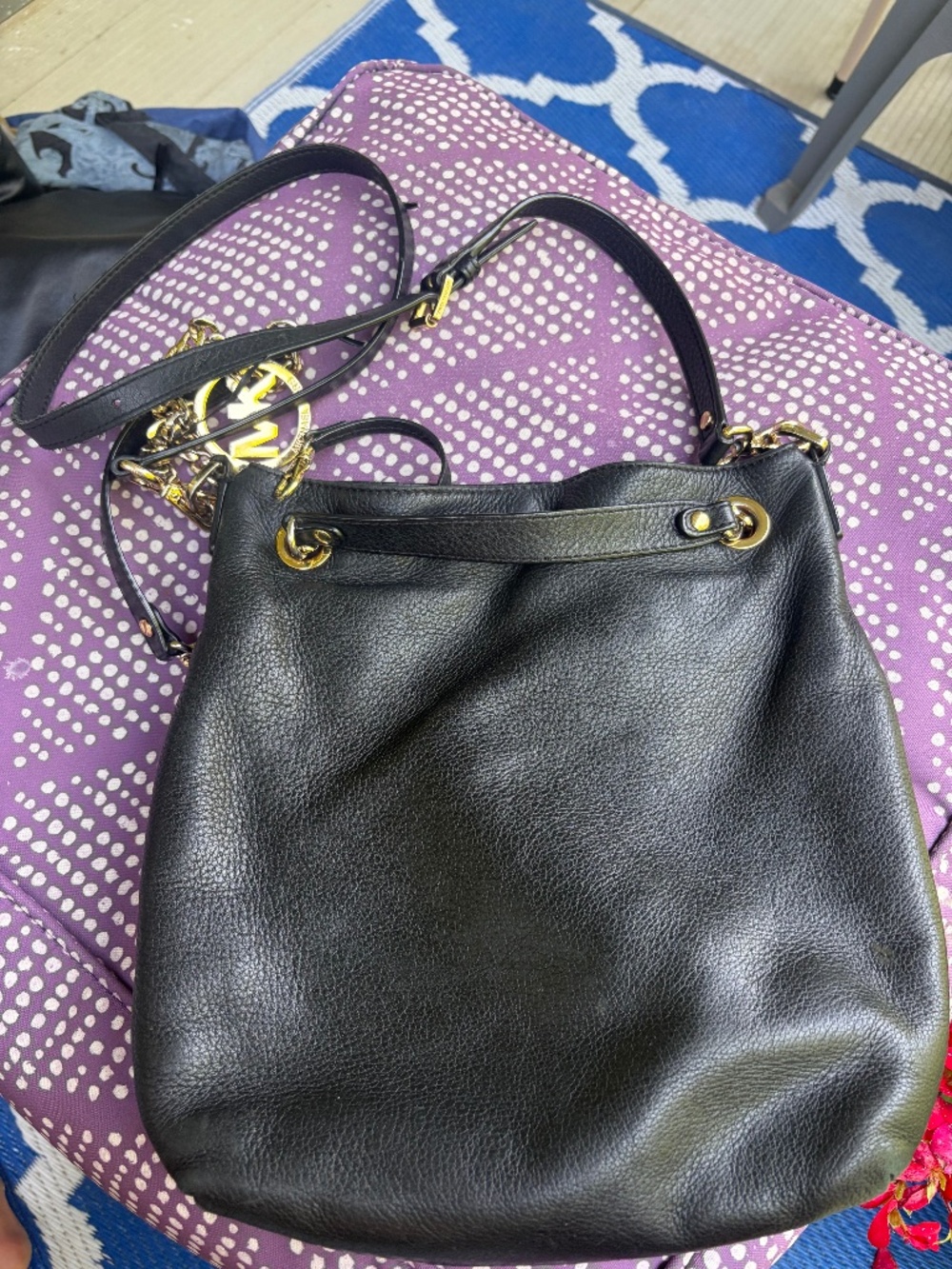 Michael Kors Pebbled Leather Bucket Shoulder Bag w/Chain Detail